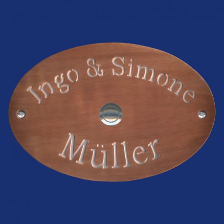 Ovales Kupfer-Klingelschild mit silbernem Hintergrund und Edelstahl-Klingel