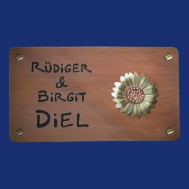 Kupfer-Türschild mit Blume und schwarzem Hintergrund, zum Anschrauben