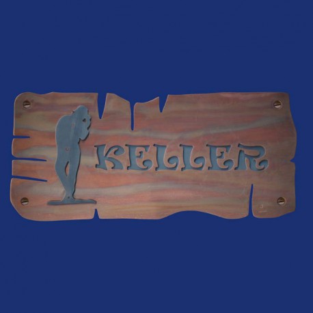 Western-Türschild mit Cowboy aus Kupfer massiv