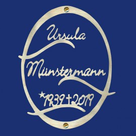 Grabsteinbeschriftung / Schriftzug aus Messing, oval im Hochformat
